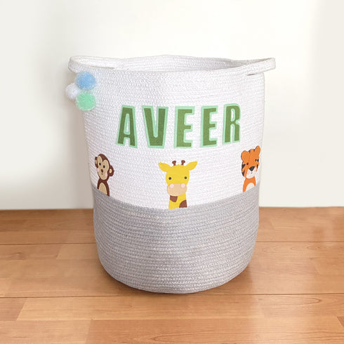 Safari Animals - Grey Rope Personalised Storage Basket